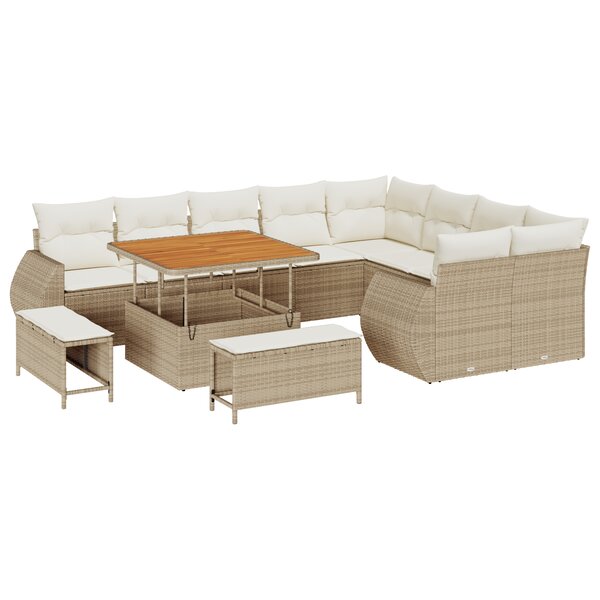 Set de canapés de jardin vidaXL 12 pièces avec coussins beiges en rattan poly et acacia