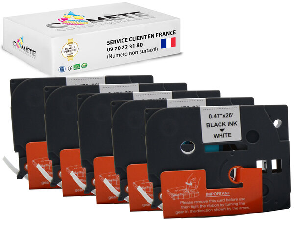 5 ruban etiqueteuse compatible tze131 tze-131 pour brother p touch - 12mm x 8m noir sur transparent