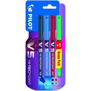 PILOT - Roller encre liquide V5 FIN - Encre noire / bleue / rouge - x3 + 1 BONUS PACK Vert