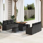 Ensemble de Canapés de Jardin 9 pièces avec Coussins Noir Rattan Poly Acacia
