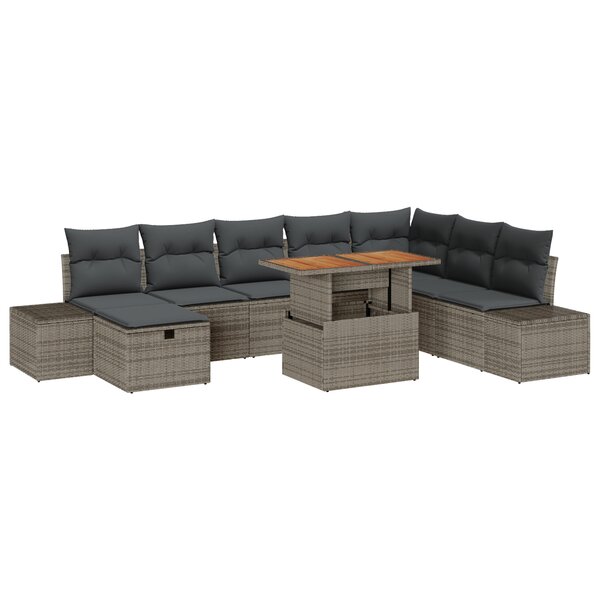 vidaXL Ensemble de Salle à Manger de Jardin de 9 Pièces avec Coussins en Gris Poly Rattan Acacia
