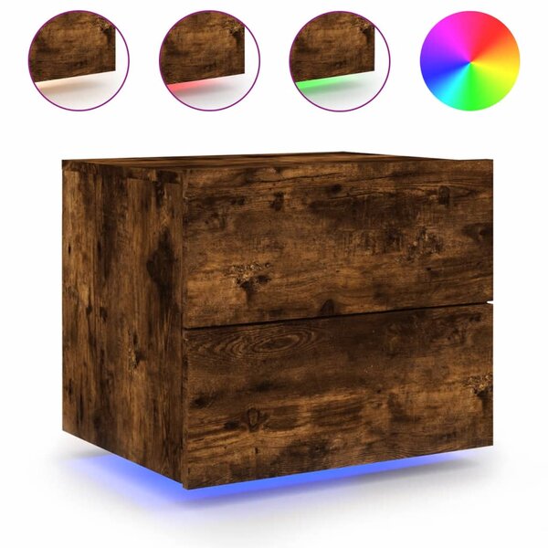 vidaXL Table de chevet murale avec lumières LED chêne fumé