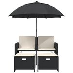 vidaXL Canapé de jardin 2 places avec parasol et tabourets noir rotin