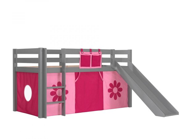 Lit Enfant Surélevé Avec Toboggan Pino 90x200cm Gris Pink Flower