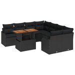 Ensemble de Canapé de Jardin 9 pièces avec Coussins Rattan Poly Noir Acacia