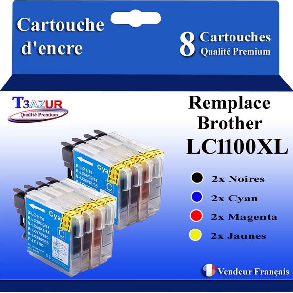 T3AZUR- Lot de 8 Cartouches compatibles avec Brother LC1100 XL pour Brother DCP535CN  DCP585CW  DCP595CN