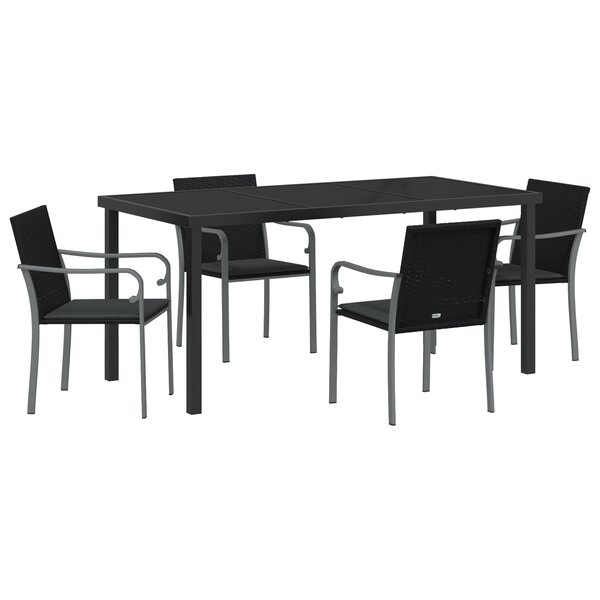 Ensemble de salle à manger de jardin 5 pièces avec des coussins en poly rotin noir