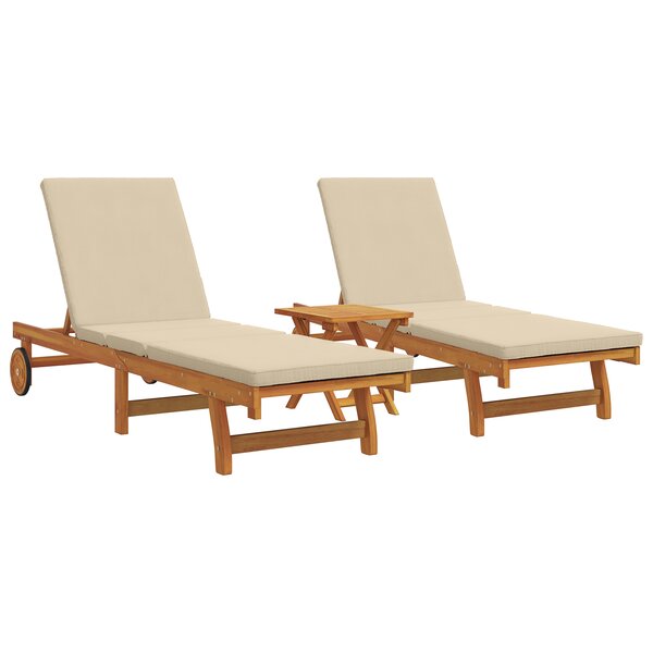 Chaises longues sur roues vidaXL 2 Pièces avec table et coussin en bois d'acacia