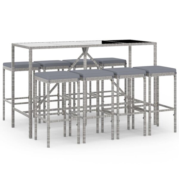 vidaXL Ensemble de bar de jardin 9 Pièces avec coussins gris poly rotin