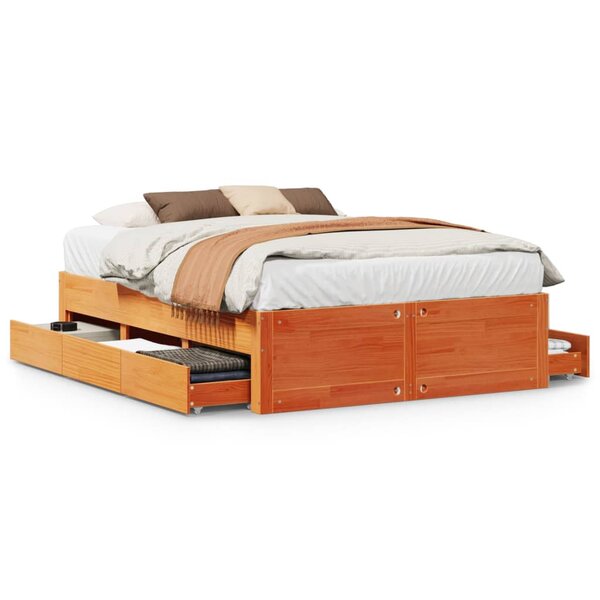 vidaXL Cadre de lit sans matelas avec tiroirs brun cire 140x200 cm pin