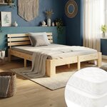 Lit en Bois 180x200 cm Naturel - Lit Double avec 2 Matelas à ressorts - Massif