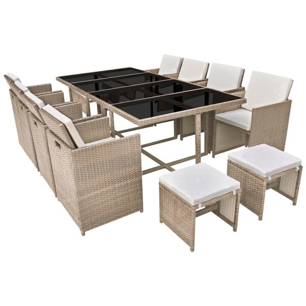 Salon de jardin meuble d'extérieur ensemble de mobilier encastrable avec coussins 13 pièces rotin beige 02_0018333