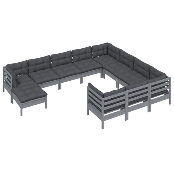 Salon de jardin meuble d'extérieur ensemble de mobilier 11 pièces avec coussins gris bois de pin 02_0015330