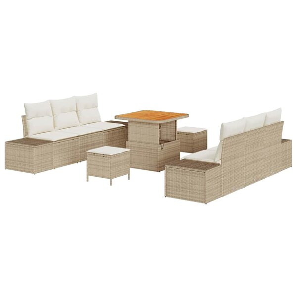 Ensemble de canapé de jardin à 9 pièces avec coussins beige en poly rattan et acacia