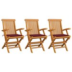 vidaXL Chaises de jardin avec coussins rouge bordeaux lot de 3 Teck