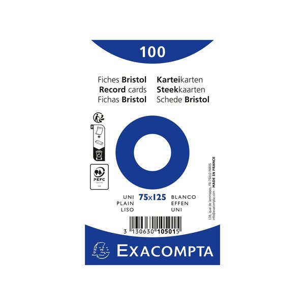 Paquet 100 Fiches Sous Film - Bristol Uni Non Perforé - 75x125mm - Blanc - X 20 - Exacompta