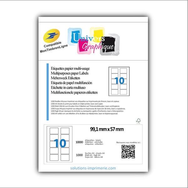 Lot de 1000 planches de 10 étiquettes pour timbre 99,1 x 57 mm