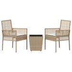 Ensemble Bistro de Jardin 3 Pièces avec Coussins Beige en Poly Rattan
