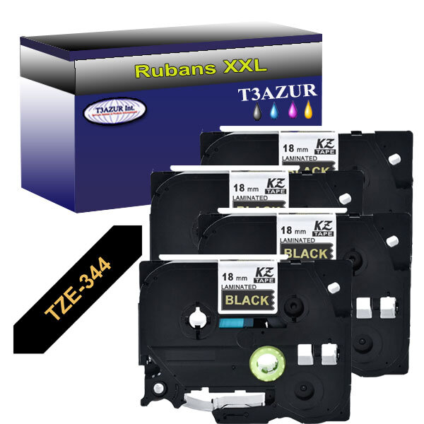 4 x Rubans d'étiquettes laminées générique Brother Tze-344 pour étiqueteuses P-touch - Texte doré sur fond noir - T3AZUR