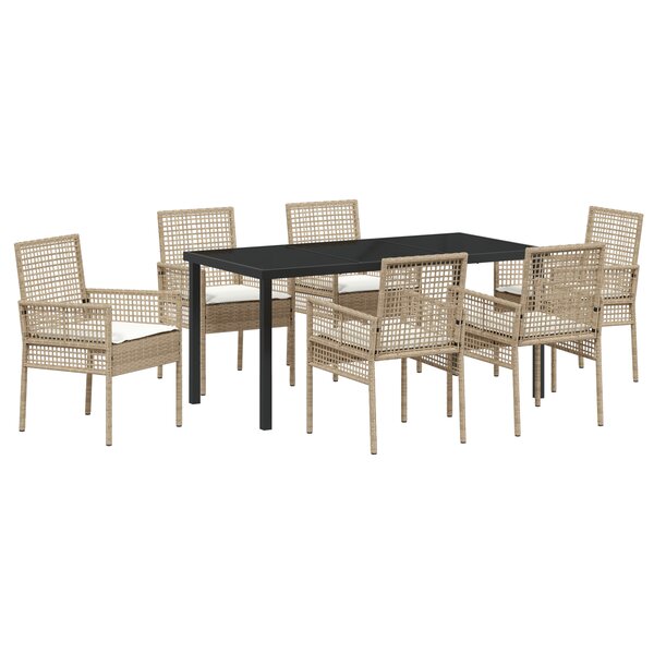 vidaXL Ensemble de Salle à Manger de Jardin de 7 Pièces avec Coussins Beige Rattan Poly