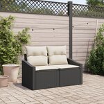 Canapé de jardin 2 places vidaXL avec coussins Noir en poly rotin