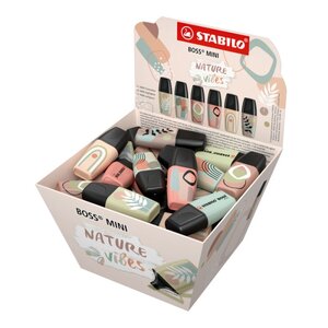 Présentoir Stabilo Boss Mini Naturevibes avec 50 marqueurs fluorescents - Trait de 2 à 5 mm - Encre à l'eau - Anti-dessèchement - Couleurs assorties