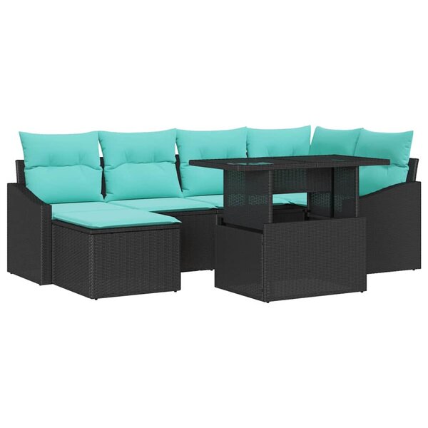 vidaXL Ensemble de Canapés avec coussin 7 Pièces Noir et Bleu Poly rotin