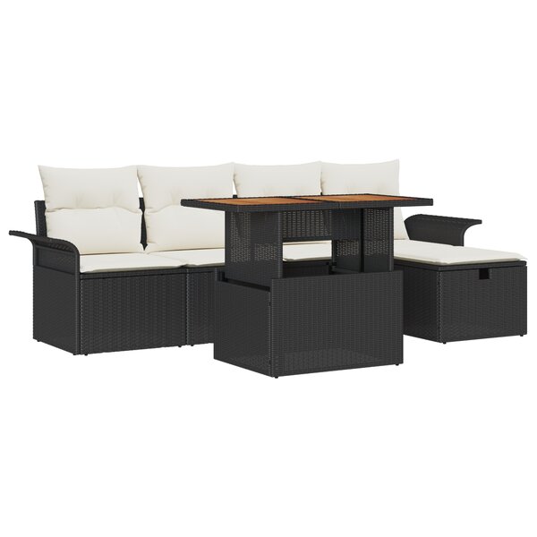 Canapé de jardin 6 pièces avec coussins en poly rotin noir