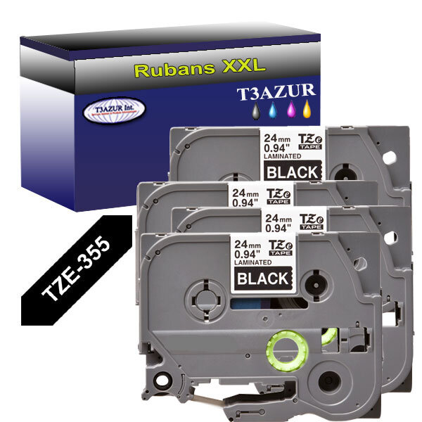 4 x Rubans d'étiquettes laminées générique Brother Tze-355 pour étiqueteuses P-touch - Texte blanc sur fond noir- T3AZUR