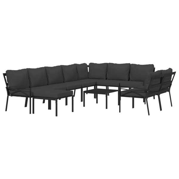 Salon de jardin meuble d'extérieur ensemble de mobilier 11 pièces avec coussins gris acier 02_0015327
