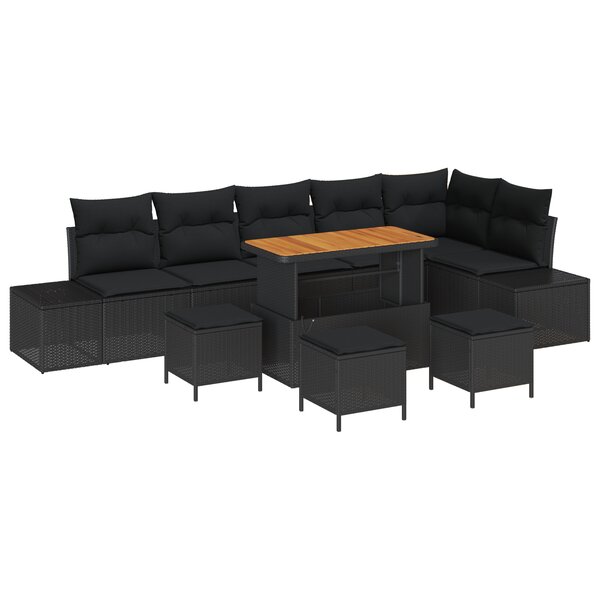 Ensemble de Sofa de Jardin de 10 Pièces avec Coussins Noir Poly Rattan Acacia