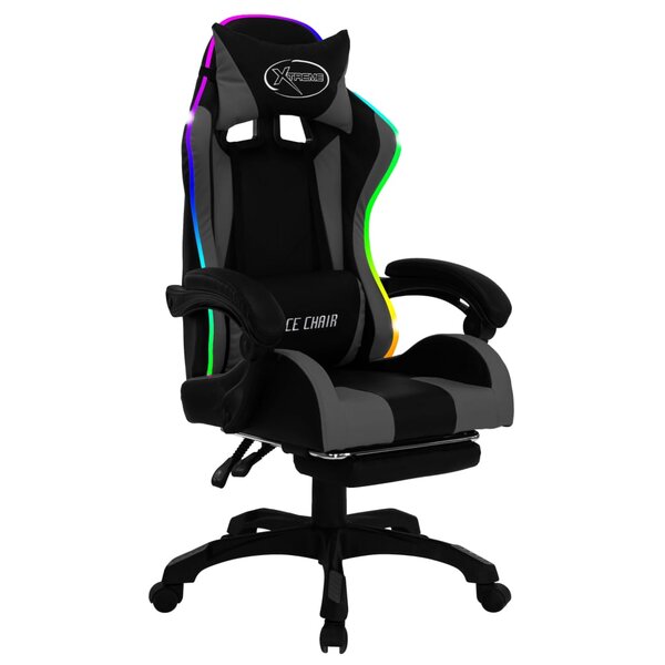 Chaise fauteuil siège pivotante de bureau informatique étude de jeux vidéo avec LED RVB et similicuir gris 02_0024207