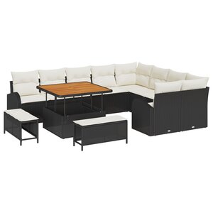 Ensemble de 12 Pièces de Canapé de Jardin avec Coussins Noir Poly Rattan Acacia