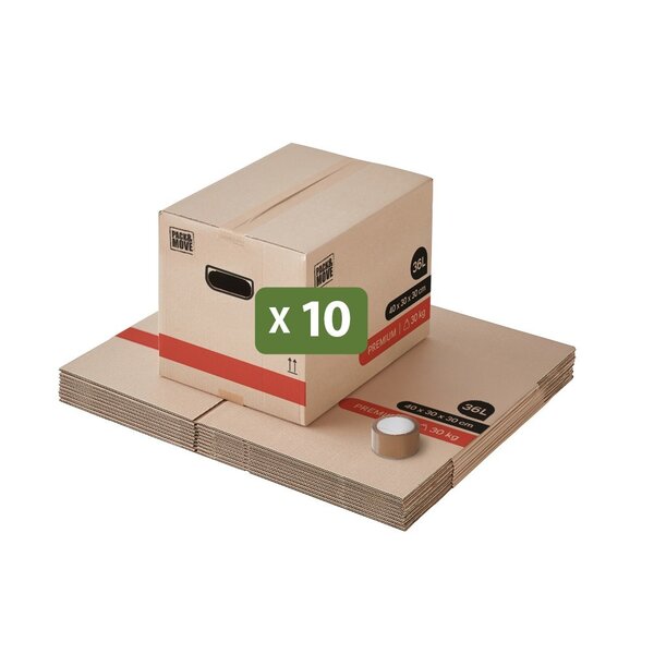 Pack and Move - Lot 10 Cartons Déménagement Livres Premium - 40 X 30 X 30 Cm - Extrême Résistance 30 KG - Poignées Renforcées - 1 Adhésif Offert