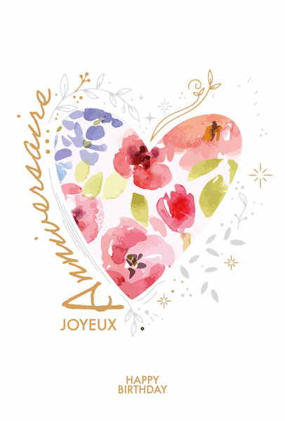 69-3104 Carte Anniversaire pour Fille Femme Jolie Belle comme un Cœur Fleuri Fleurs Champêtre Rose - Finitions Dorure Or Doré + Gaufrage en Relief +1 Enveloppe Format 12x17cm - Fabriqué en Europe