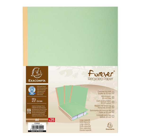 Paquet de 25 chemises à dos toilé 300 g dos 3cm 24x32cm Vert EXACOMPTA