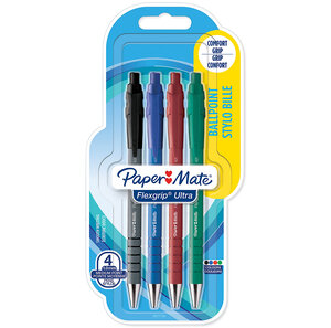 Paper mate flexgrip ultra - 4 stylos bille rétractables - noir bleu rouge vert - pointe 1.0mm - sous blister