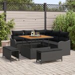 Ensemble de canapés de jardin 8 pièces avec coussins rotin poly noir acacia
