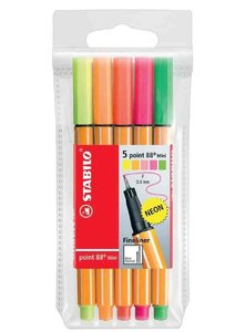 Pochette de 5 Stylos-Feutre POINT 88 MINI Pointe Fine 0 4 mm  couleurs FLUO assorties STABILO