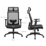 Fauteuil de bureau chaise de bureau en toile siège ergonomique pivotant à 360° support lombaire réglable appui-tête accoudoirs inclinaison du dossier jusqu’à 120° noir 12_0001412