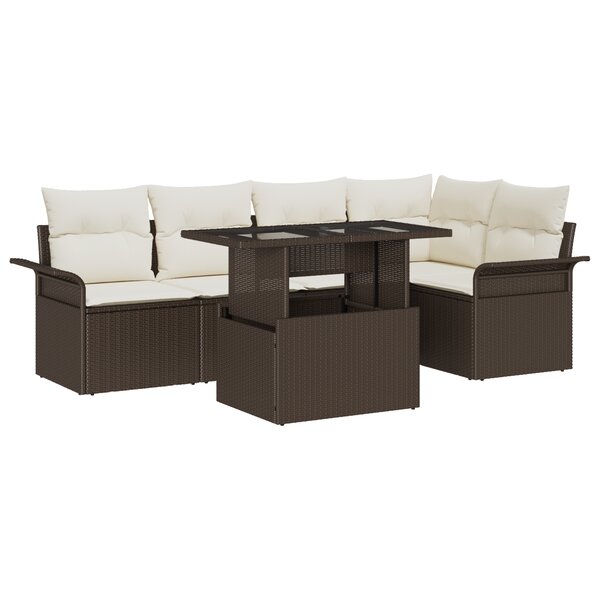 Ensemble de canapé de jardin 6 pièces avec coussins en rattan poly marron