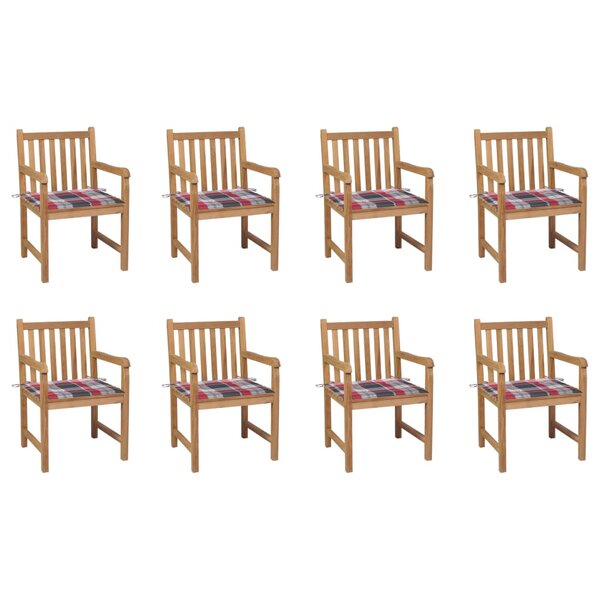 vidaXL Chaises de jardin lot de 8 et coussins carreaux rouge Bois teck