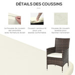 Outsunny Ensemble salon de jardin 2 places : 2 fauteuils et table basse plateau verre trempé résine tressée imitation rotin chocolat foncé coussins blanc