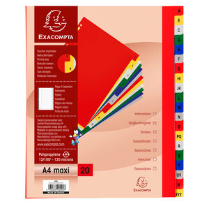 Jeu d'intercalaires alphabétiques polypro 20 touches multicolores. Format A4+. EXACOMPTA