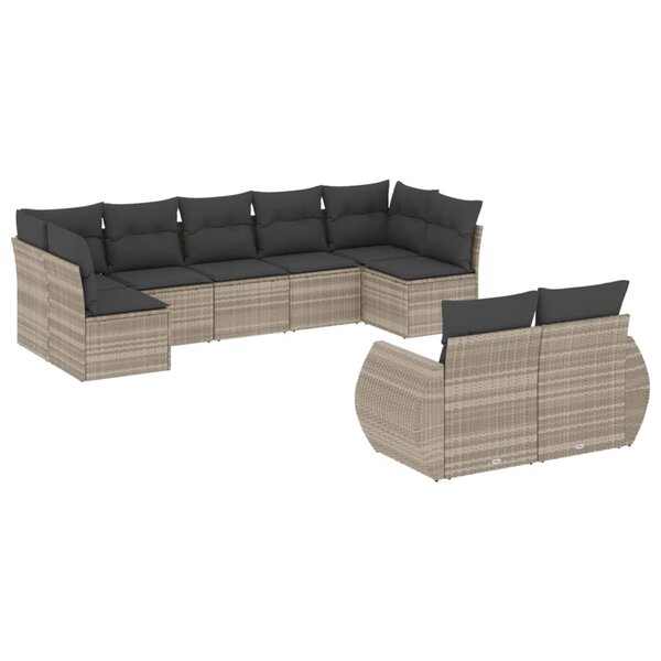 vidaXL Salon de jardin 9 Pièces avec coussins gris clair résine tressée