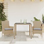 vidaXL Ensemble à manger de jardin et coussins 3 Pièces beige rotin verre
