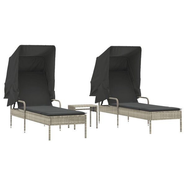 vidaXL Chaises longues lot de 2 avec auvents et table gris clair rotin