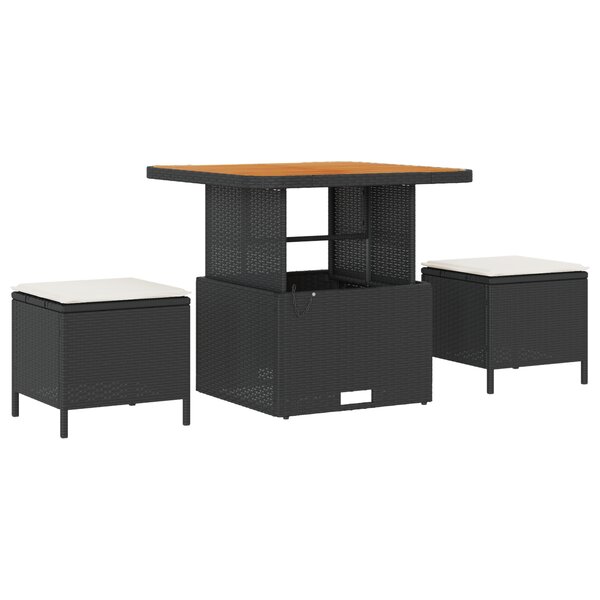 Ensemble de salle à manger de jardin 3 pièces avec coussins en poly rotin noir et acacia