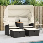 vidaXL Canapé de jardin 2 places avec auvent et tabourets noir rotin