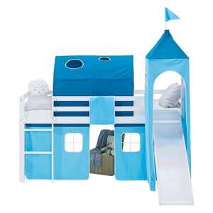 Lit mezzanine 90x200cm sommier  toboggan  tour  tunnel et rideau pin bleu